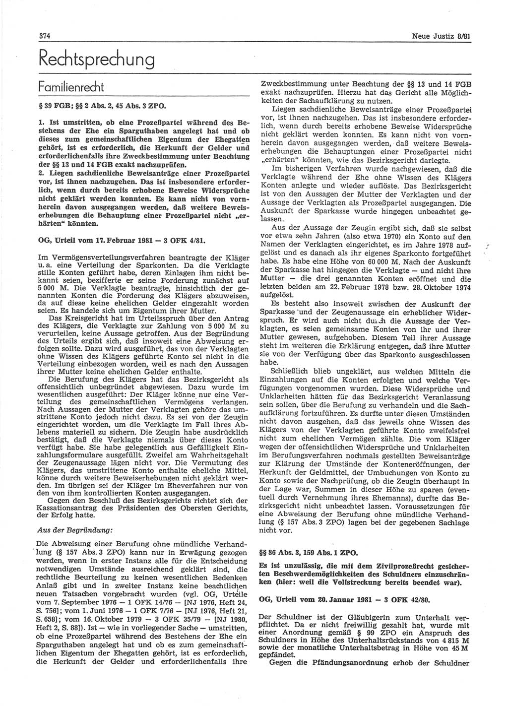 Neue Justiz (NJ), Zeitschrift für sozialistisches Recht und Gesetzlichkeit [Deutsche Demokratische Republik (DDR)], 35. Jahrgang 1981, Seite 374 (NJ DDR 1981, S. 374)
