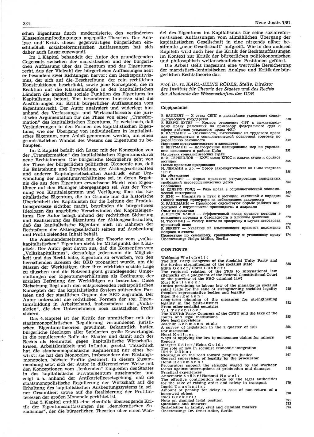 Neue Justiz (NJ), Zeitschrift für sozialistisches Recht und Gesetzlichkeit [Deutsche Demokratische Republik (DDR)], 35. Jahrgang 1981, Seite 384 (NJ DDR 1981, S. 384)