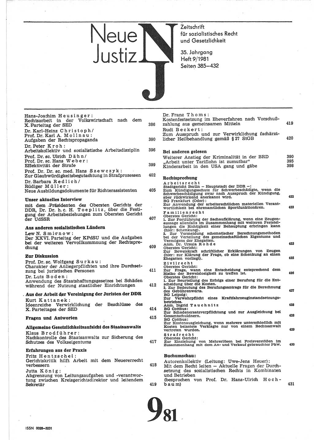 Neue Justiz (NJ), Zeitschrift für sozialistisches Recht und Gesetzlichkeit [Deutsche Demokratische Republik (DDR)], 35. Jahrgang 1981, Seite 385 (NJ DDR 1981, S. 385)