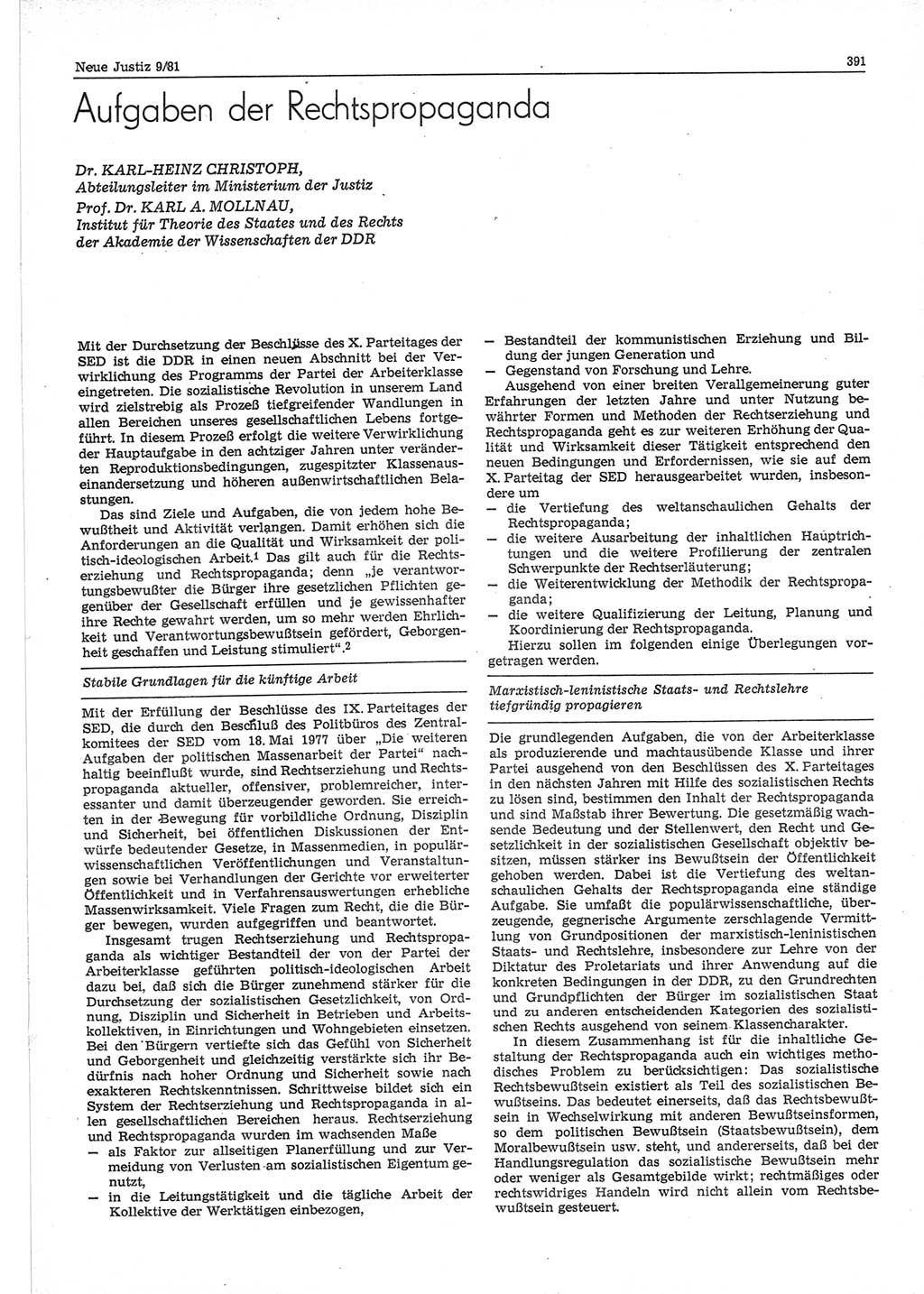 Neue Justiz (NJ), Zeitschrift für sozialistisches Recht und Gesetzlichkeit [Deutsche Demokratische Republik (DDR)], 35. Jahrgang 1981, Seite 391 (NJ DDR 1981, S. 391)