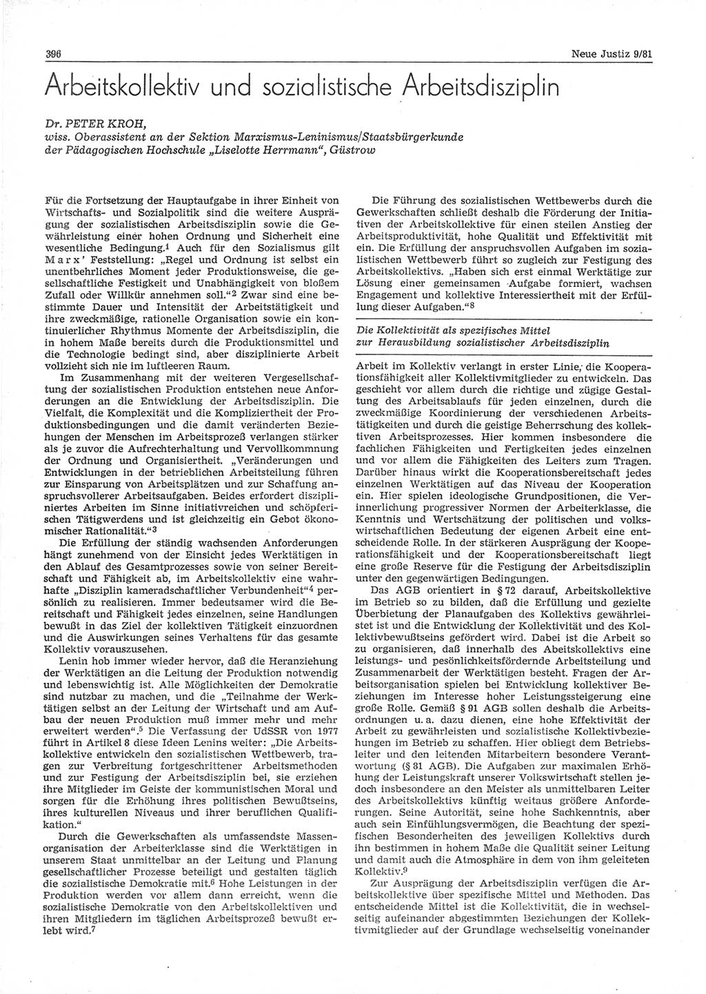 Neue Justiz (NJ), Zeitschrift für sozialistisches Recht und Gesetzlichkeit [Deutsche Demokratische Republik (DDR)], 35. Jahrgang 1981, Seite 396 (NJ DDR 1981, S. 396)