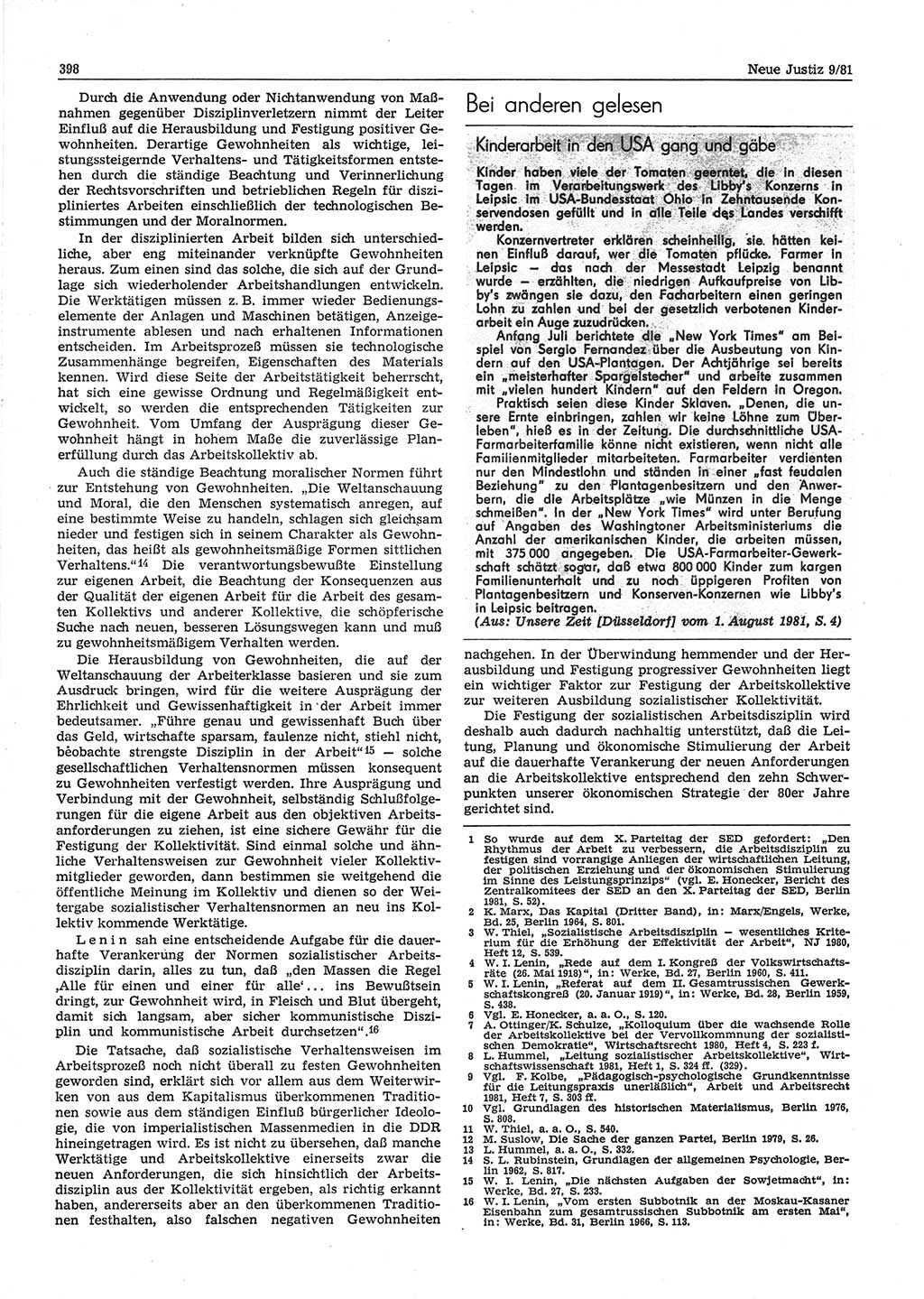 Neue Justiz (NJ), Zeitschrift für sozialistisches Recht und Gesetzlichkeit [Deutsche Demokratische Republik (DDR)], 35. Jahrgang 1981, Seite 398 (NJ DDR 1981, S. 398)