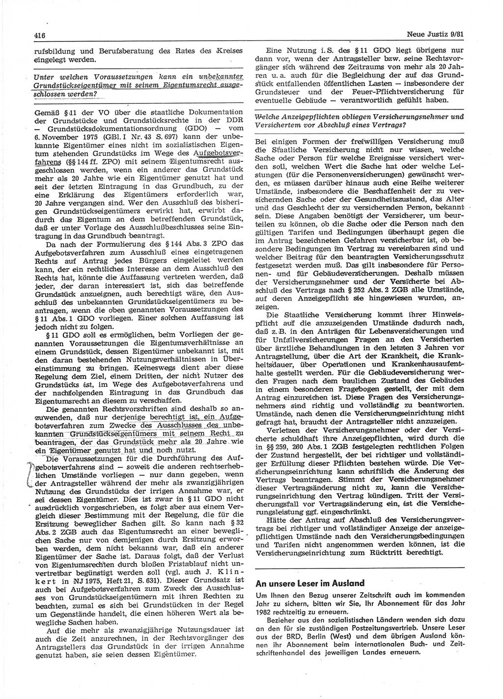 Neue Justiz (NJ), Zeitschrift für sozialistisches Recht und Gesetzlichkeit [Deutsche Demokratische Republik (DDR)], 35. Jahrgang 1981, Seite 416 (NJ DDR 1981, S. 416)