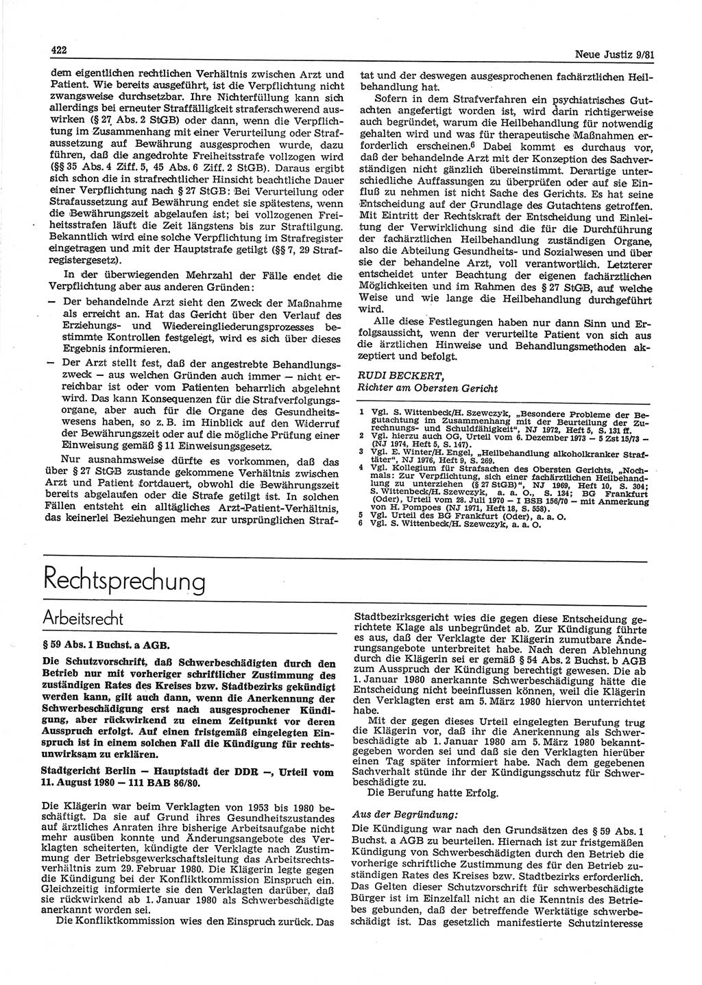 Neue Justiz (NJ), Zeitschrift für sozialistisches Recht und Gesetzlichkeit [Deutsche Demokratische Republik (DDR)], 35. Jahrgang 1981, Seite 422 (NJ DDR 1981, S. 422)