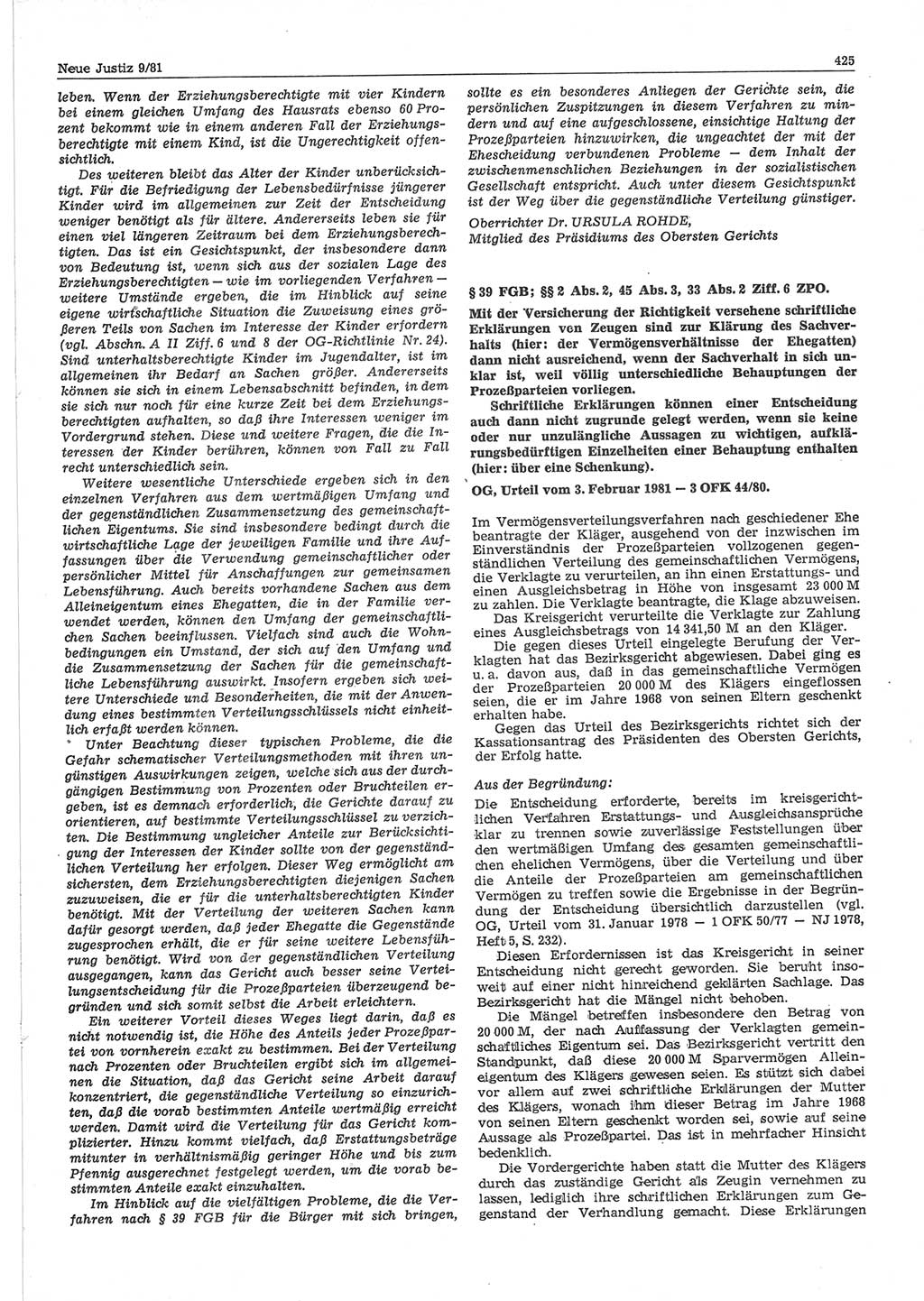 Neue Justiz (NJ), Zeitschrift für sozialistisches Recht und Gesetzlichkeit [Deutsche Demokratische Republik (DDR)], 35. Jahrgang 1981, Seite 425 (NJ DDR 1981, S. 425)