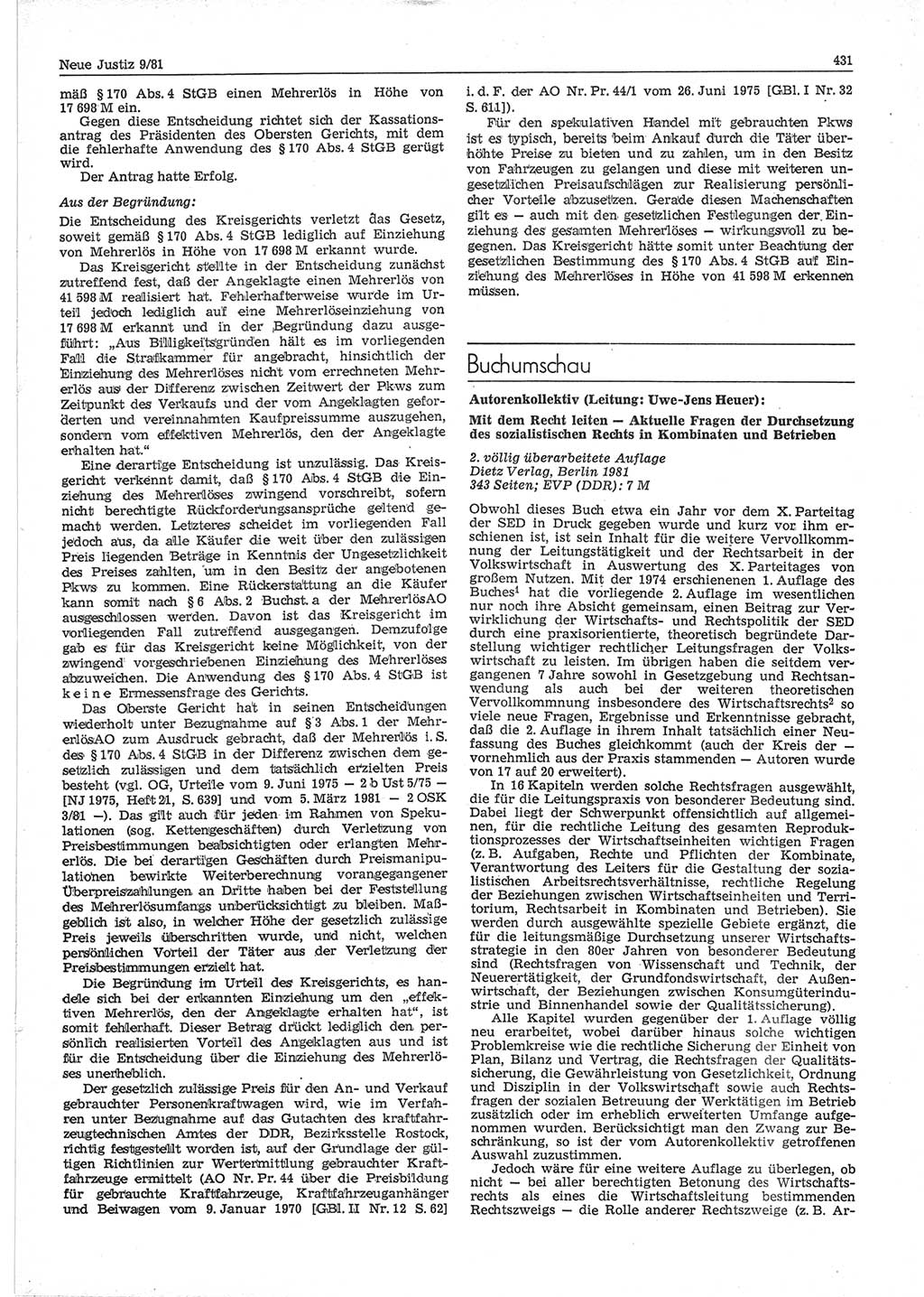 Neue Justiz (NJ), Zeitschrift für sozialistisches Recht und Gesetzlichkeit [Deutsche Demokratische Republik (DDR)], 35. Jahrgang 1981, Seite 431 (NJ DDR 1981, S. 431)