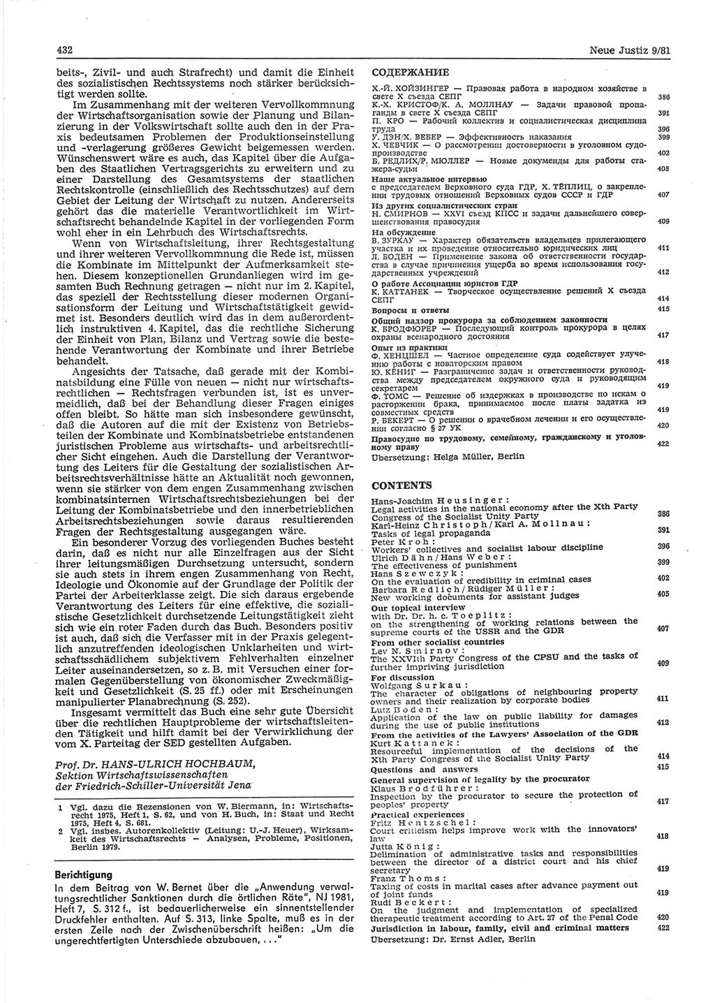 Neue Justiz (NJ), Zeitschrift für sozialistisches Recht und Gesetzlichkeit [Deutsche Demokratische Republik (DDR)], 35. Jahrgang 1981, Seite 432 (NJ DDR 1981, S. 432)