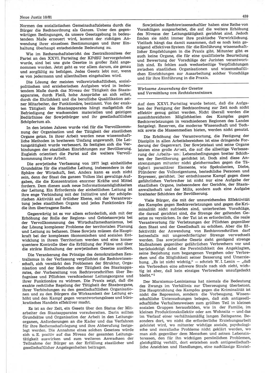 Neue Justiz (NJ), Zeitschrift für sozialistisches Recht und Gesetzlichkeit [Deutsche Demokratische Republik (DDR)], 35. Jahrgang 1981, Seite 459 (NJ DDR 1981, S. 459)