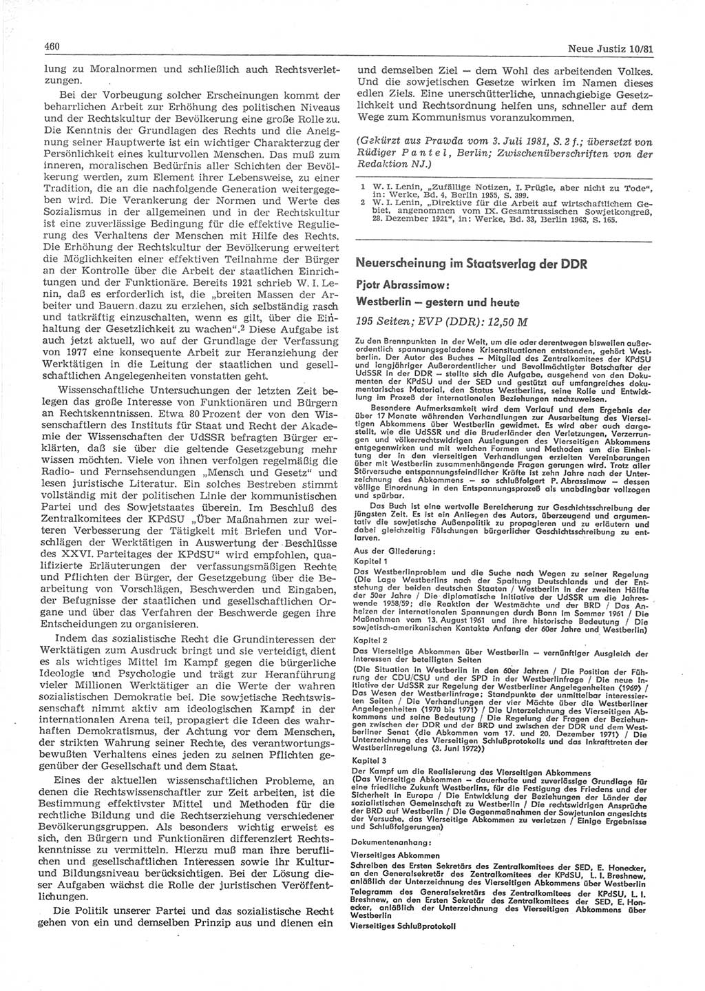 Neue Justiz (NJ), Zeitschrift für sozialistisches Recht und Gesetzlichkeit [Deutsche Demokratische Republik (DDR)], 35. Jahrgang 1981, Seite 460 (NJ DDR 1981, S. 460)