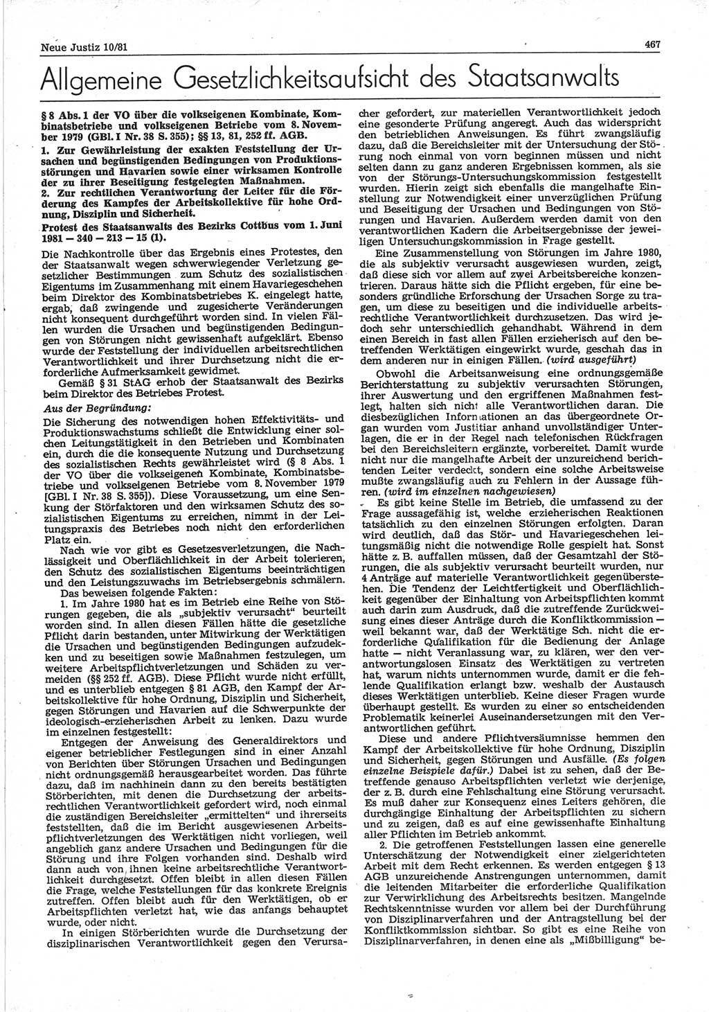 Neue Justiz (NJ), Zeitschrift für sozialistisches Recht und Gesetzlichkeit [Deutsche Demokratische Republik (DDR)], 35. Jahrgang 1981, Seite 467 (NJ DDR 1981, S. 467)