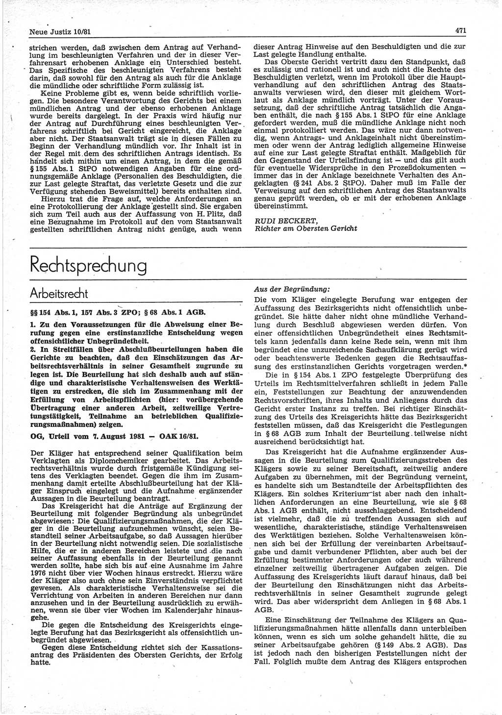 Neue Justiz (NJ), Zeitschrift für sozialistisches Recht und Gesetzlichkeit [Deutsche Demokratische Republik (DDR)], 35. Jahrgang 1981, Seite 471 (NJ DDR 1981, S. 471)