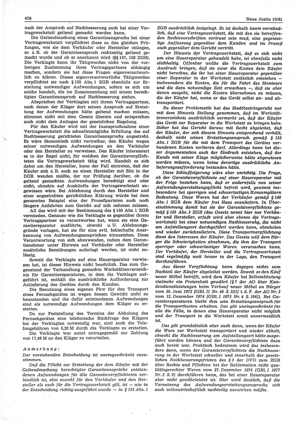 Neue Justiz (NJ), Zeitschrift für sozialistisches Recht und Gesetzlichkeit [Deutsche Demokratische Republik (DDR)], 35. Jahrgang 1981, Seite 476 (NJ DDR 1981, S. 476)