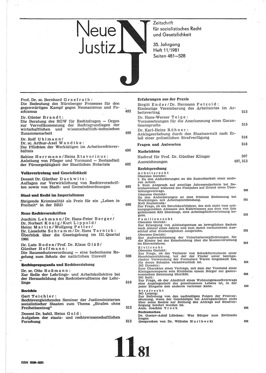 Neue Justiz (NJ), Zeitschrift für sozialistisches Recht und Gesetzlichkeit [Deutsche Demokratische Republik (DDR)], 35. Jahrgang 1981, Seite 481 (NJ DDR 1981, S. 481)