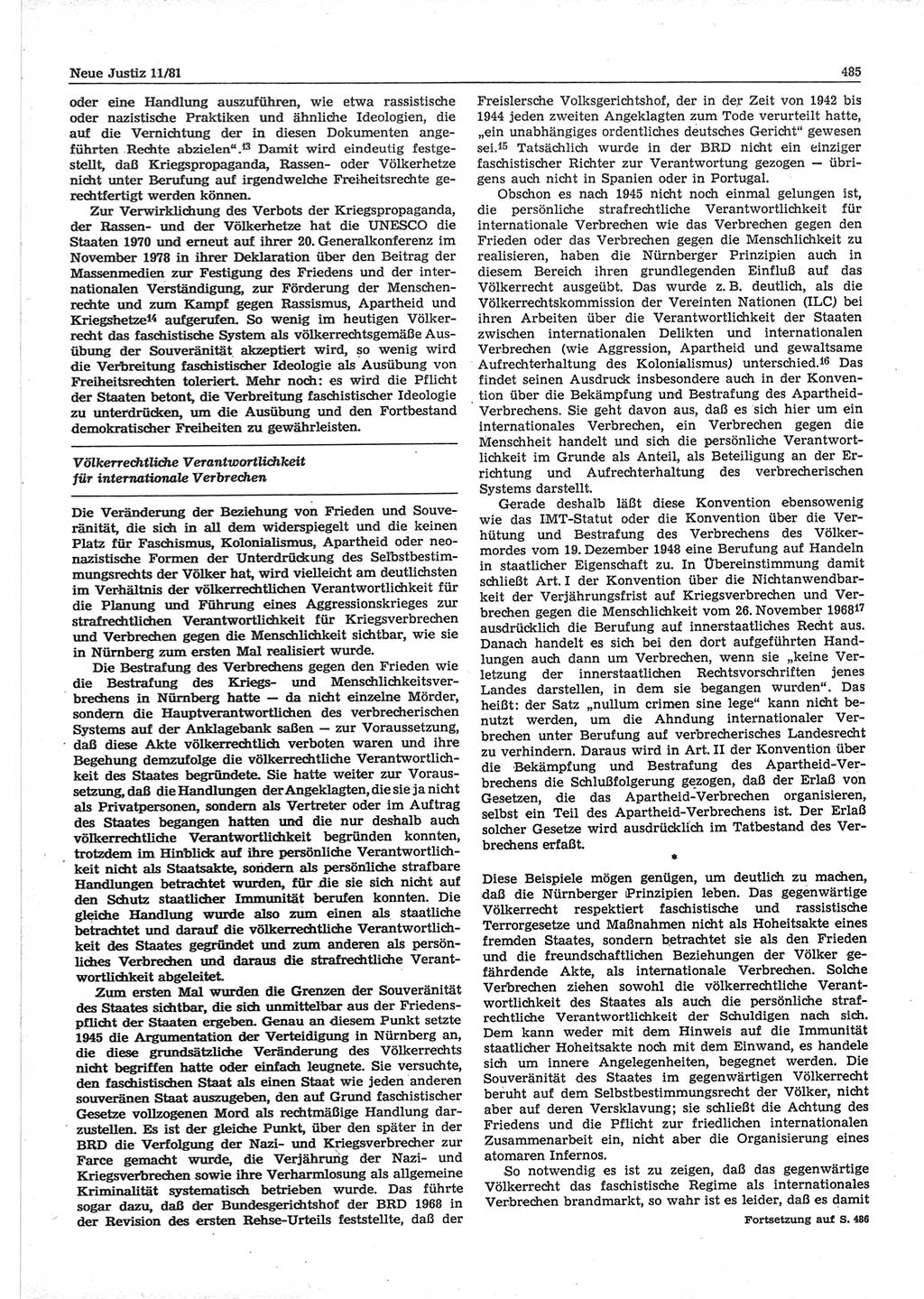Neue Justiz (NJ), Zeitschrift für sozialistisches Recht und Gesetzlichkeit [Deutsche Demokratische Republik (DDR)], 35. Jahrgang 1981, Seite 485 (NJ DDR 1981, S. 485)