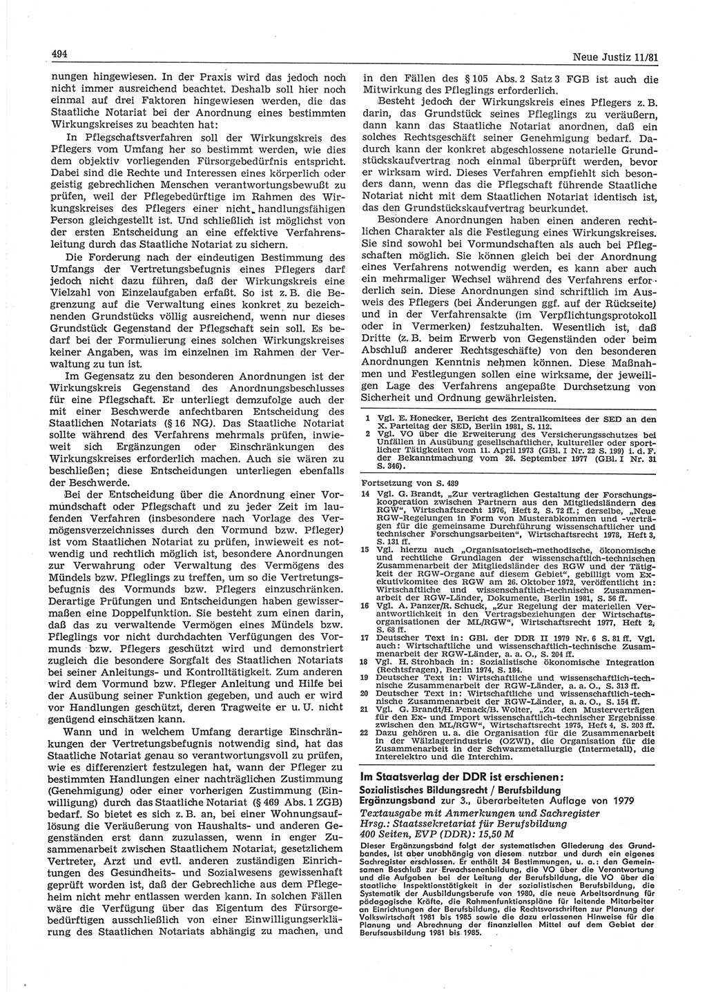 Neue Justiz (NJ), Zeitschrift für sozialistisches Recht und Gesetzlichkeit [Deutsche Demokratische Republik (DDR)], 35. Jahrgang 1981, Seite 494 (NJ DDR 1981, S. 494)