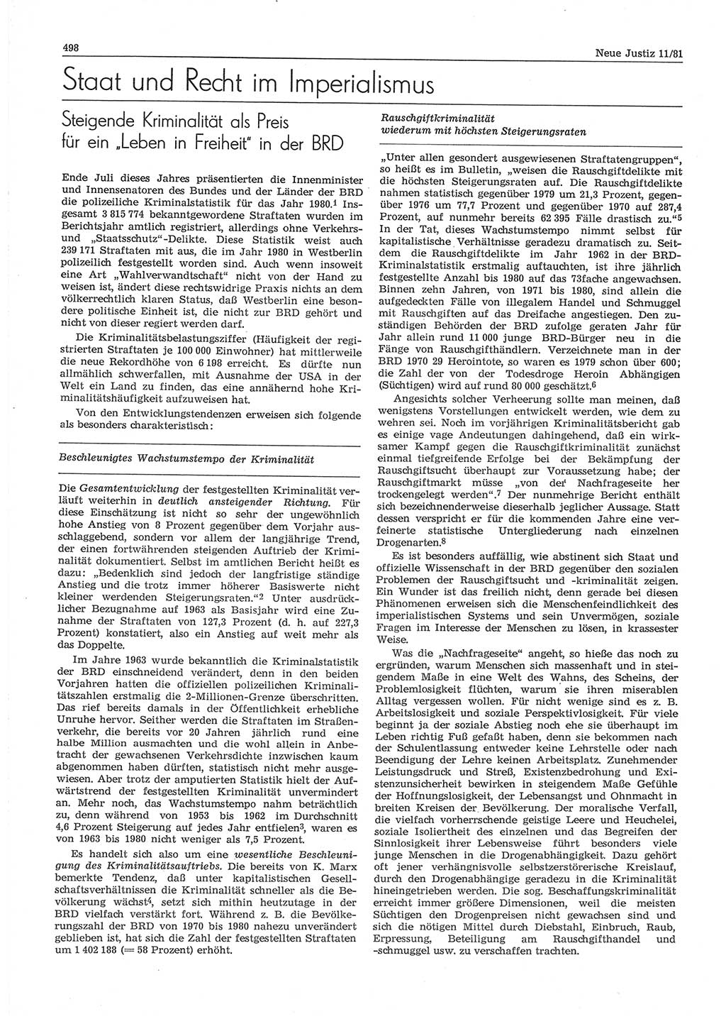 Neue Justiz (NJ), Zeitschrift für sozialistisches Recht und Gesetzlichkeit [Deutsche Demokratische Republik (DDR)], 35. Jahrgang 1981, Seite 498 (NJ DDR 1981, S. 498)