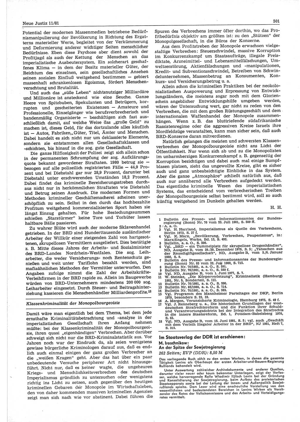 Neue Justiz (NJ), Zeitschrift für sozialistisches Recht und Gesetzlichkeit [Deutsche Demokratische Republik (DDR)], 35. Jahrgang 1981, Seite 501 (NJ DDR 1981, S. 501)