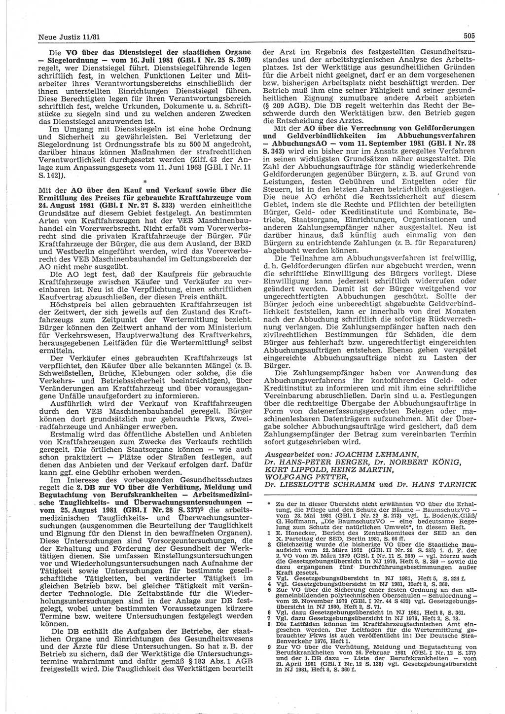 Neue Justiz (NJ), Zeitschrift für sozialistisches Recht und Gesetzlichkeit [Deutsche Demokratische Republik (DDR)], 35. Jahrgang 1981, Seite 505 (NJ DDR 1981, S. 505)