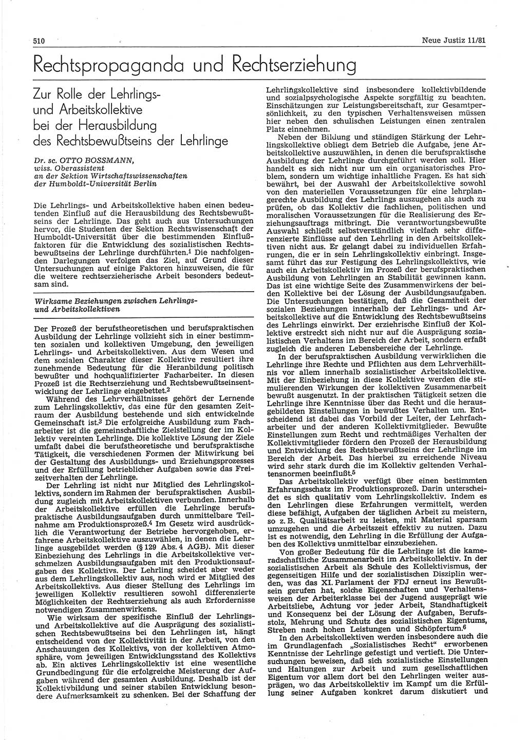 Neue Justiz (NJ), Zeitschrift für sozialistisches Recht und Gesetzlichkeit [Deutsche Demokratische Republik (DDR)], 35. Jahrgang 1981, Seite 510 (NJ DDR 1981, S. 510)