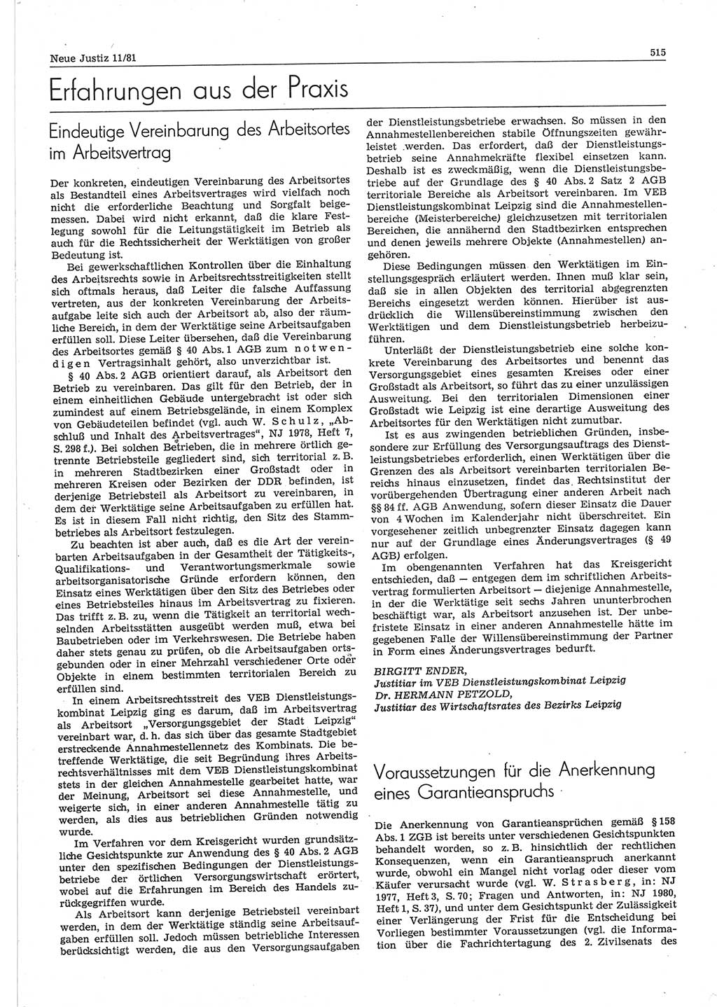 Neue Justiz (NJ), Zeitschrift für sozialistisches Recht und Gesetzlichkeit [Deutsche Demokratische Republik (DDR)], 35. Jahrgang 1981, Seite 515 (NJ DDR 1981, S. 515)