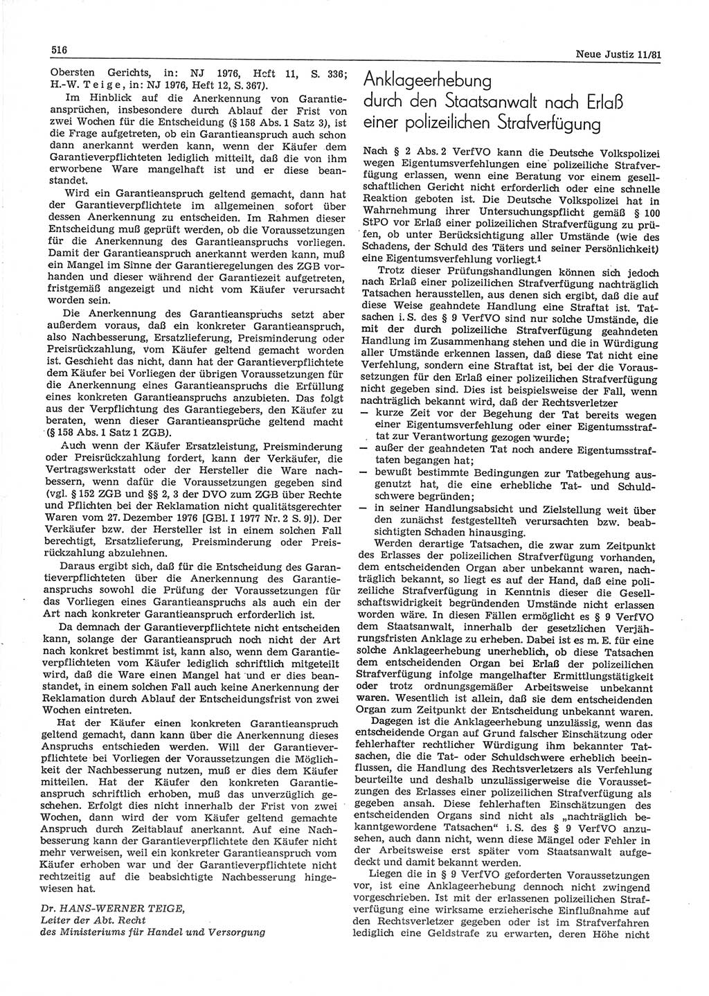 Neue Justiz (NJ), Zeitschrift für sozialistisches Recht und Gesetzlichkeit [Deutsche Demokratische Republik (DDR)], 35. Jahrgang 1981, Seite 516 (NJ DDR 1981, S. 516)