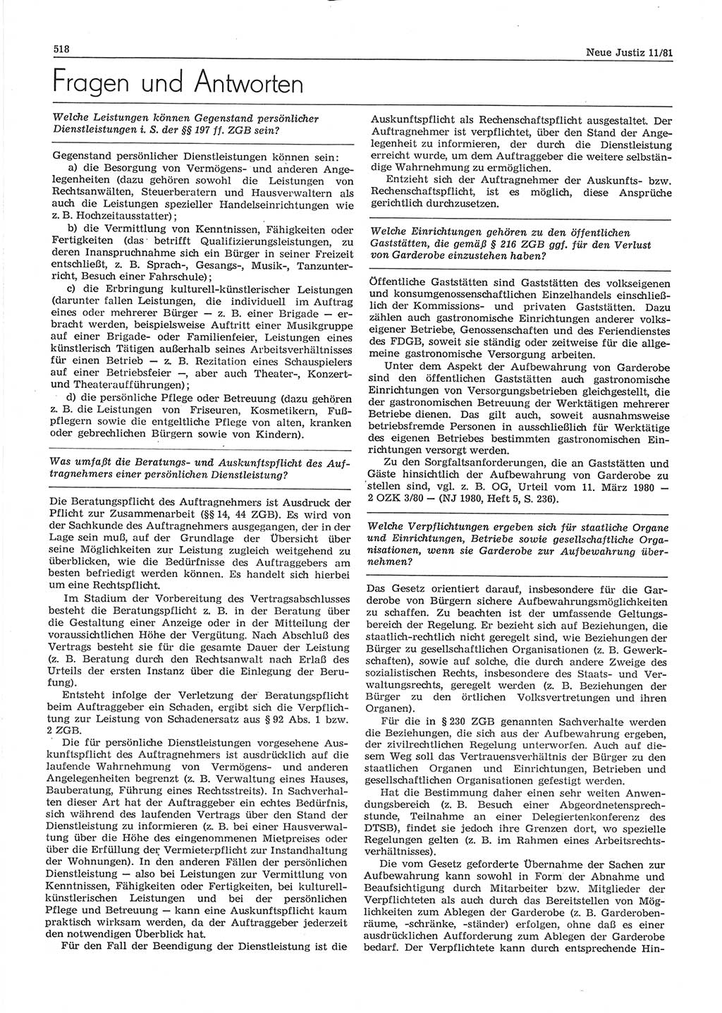 Neue Justiz (NJ), Zeitschrift für sozialistisches Recht und Gesetzlichkeit [Deutsche Demokratische Republik (DDR)], 35. Jahrgang 1981, Seite 518 (NJ DDR 1981, S. 518)