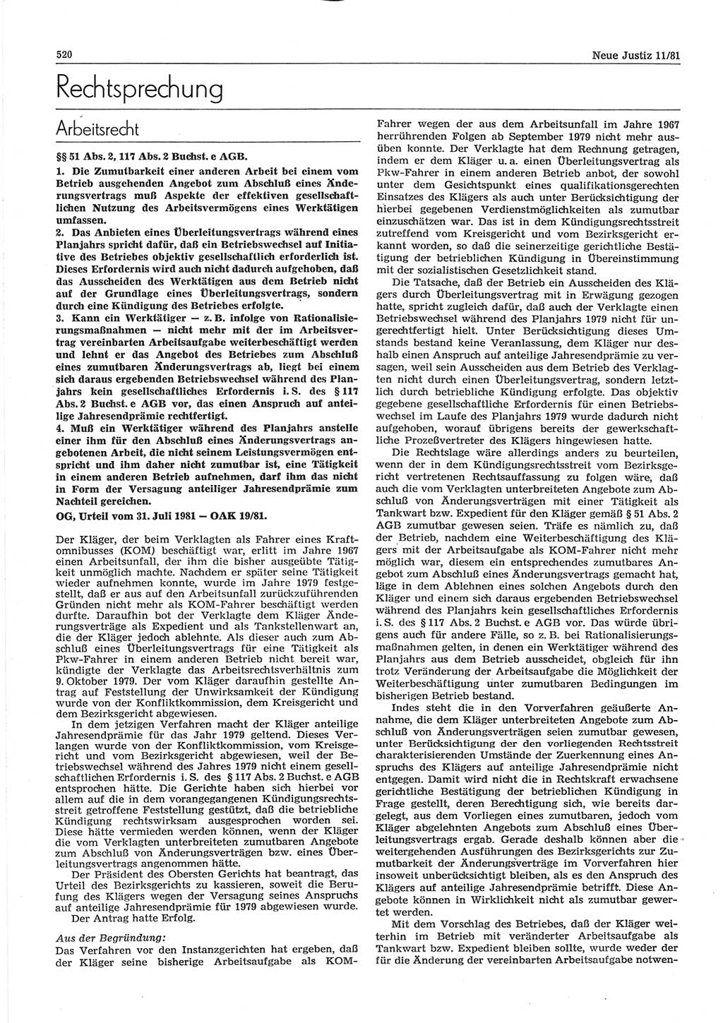 Neue Justiz (NJ), Zeitschrift für sozialistisches Recht und Gesetzlichkeit [Deutsche Demokratische Republik (DDR)], 35. Jahrgang 1981, Seite 520 (NJ DDR 1981, S. 520)