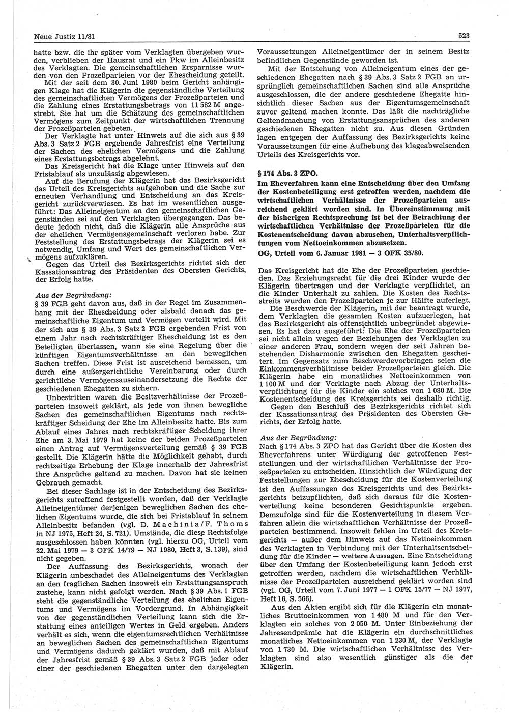 Neue Justiz (NJ), Zeitschrift für sozialistisches Recht und Gesetzlichkeit [Deutsche Demokratische Republik (DDR)], 35. Jahrgang 1981, Seite 523 (NJ DDR 1981, S. 523)