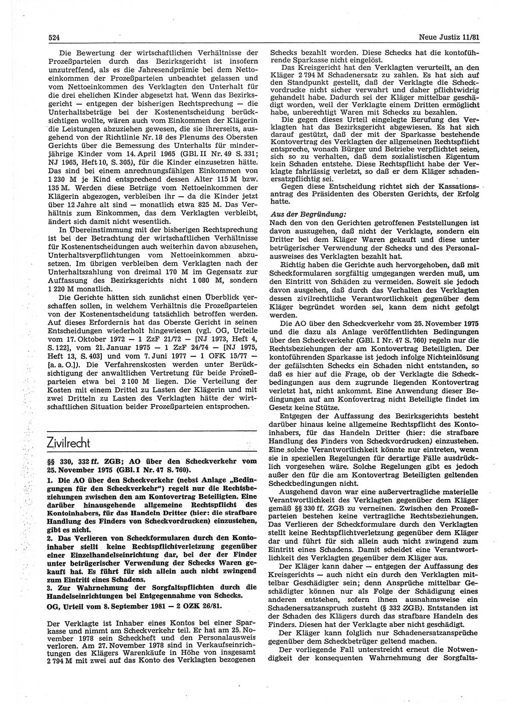 Neue Justiz (NJ), Zeitschrift für sozialistisches Recht und Gesetzlichkeit [Deutsche Demokratische Republik (DDR)], 35. Jahrgang 1981, Seite 524 (NJ DDR 1981, S. 524)