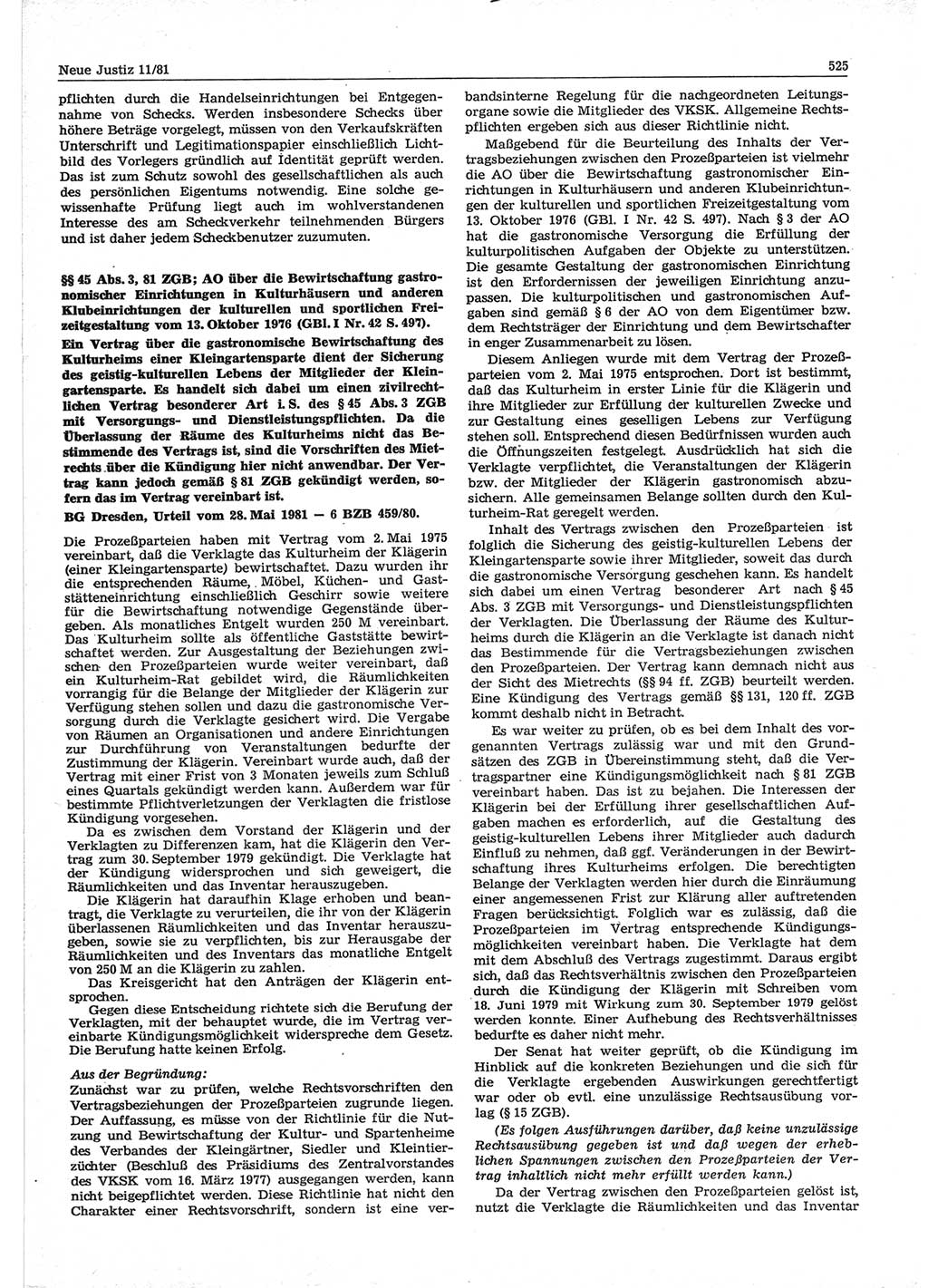 Neue Justiz (NJ), Zeitschrift für sozialistisches Recht und Gesetzlichkeit [Deutsche Demokratische Republik (DDR)], 35. Jahrgang 1981, Seite 525 (NJ DDR 1981, S. 525)