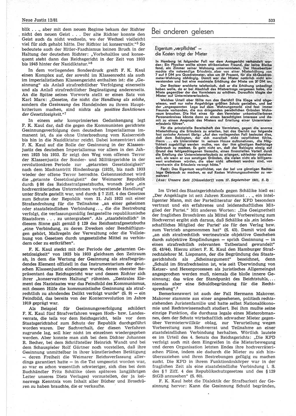 Neue Justiz (NJ), Zeitschrift für sozialistisches Recht und Gesetzlichkeit [Deutsche Demokratische Republik (DDR)], 35. Jahrgang 1981, Seite 533 (NJ DDR 1981, S. 533)