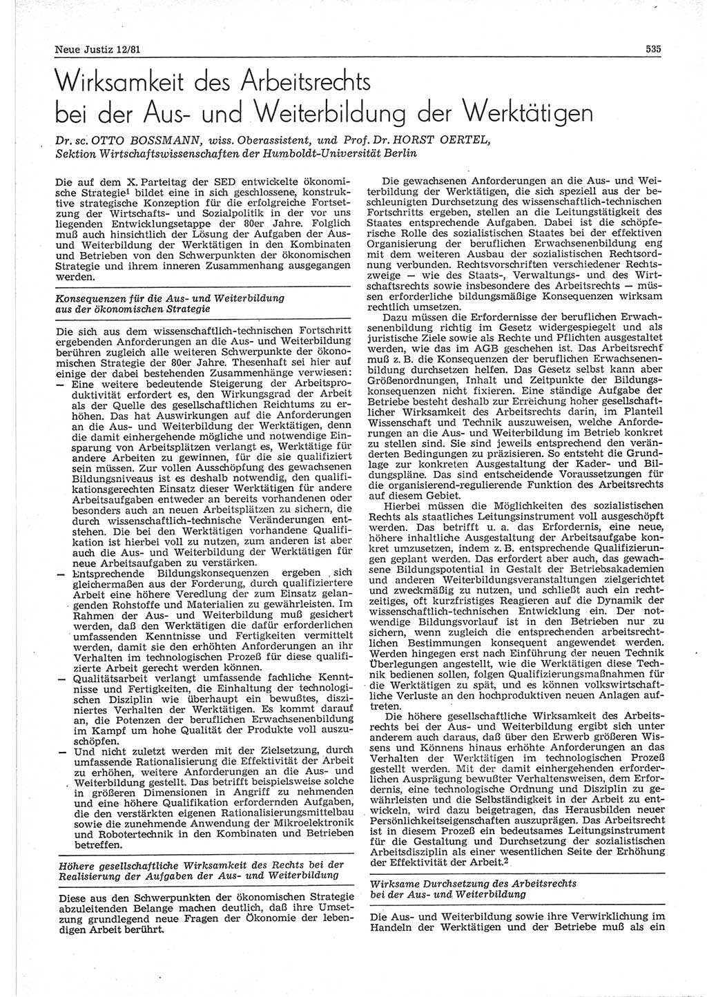 Neue Justiz (NJ), Zeitschrift für sozialistisches Recht und Gesetzlichkeit [Deutsche Demokratische Republik (DDR)], 35. Jahrgang 1981, Seite 535 (NJ DDR 1981, S. 535)