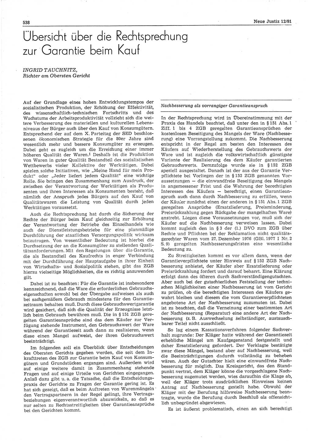 Neue Justiz (NJ), Zeitschrift für sozialistisches Recht und Gesetzlichkeit [Deutsche Demokratische Republik (DDR)], 35. Jahrgang 1981, Seite 538 (NJ DDR 1981, S. 538)