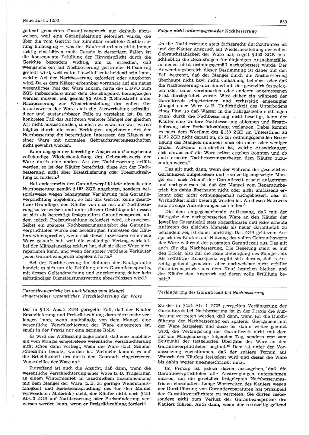 Neue Justiz (NJ), Zeitschrift für sozialistisches Recht und Gesetzlichkeit [Deutsche Demokratische Republik (DDR)], 35. Jahrgang 1981, Seite 539 (NJ DDR 1981, S. 539)