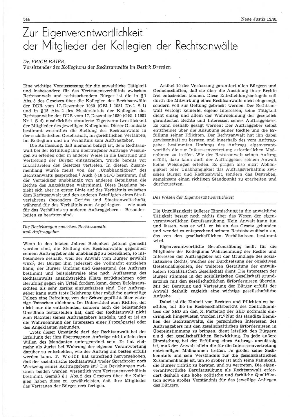 Neue Justiz (NJ), Zeitschrift für sozialistisches Recht und Gesetzlichkeit [Deutsche Demokratische Republik (DDR)], 35. Jahrgang 1981, Seite 544 (NJ DDR 1981, S. 544)