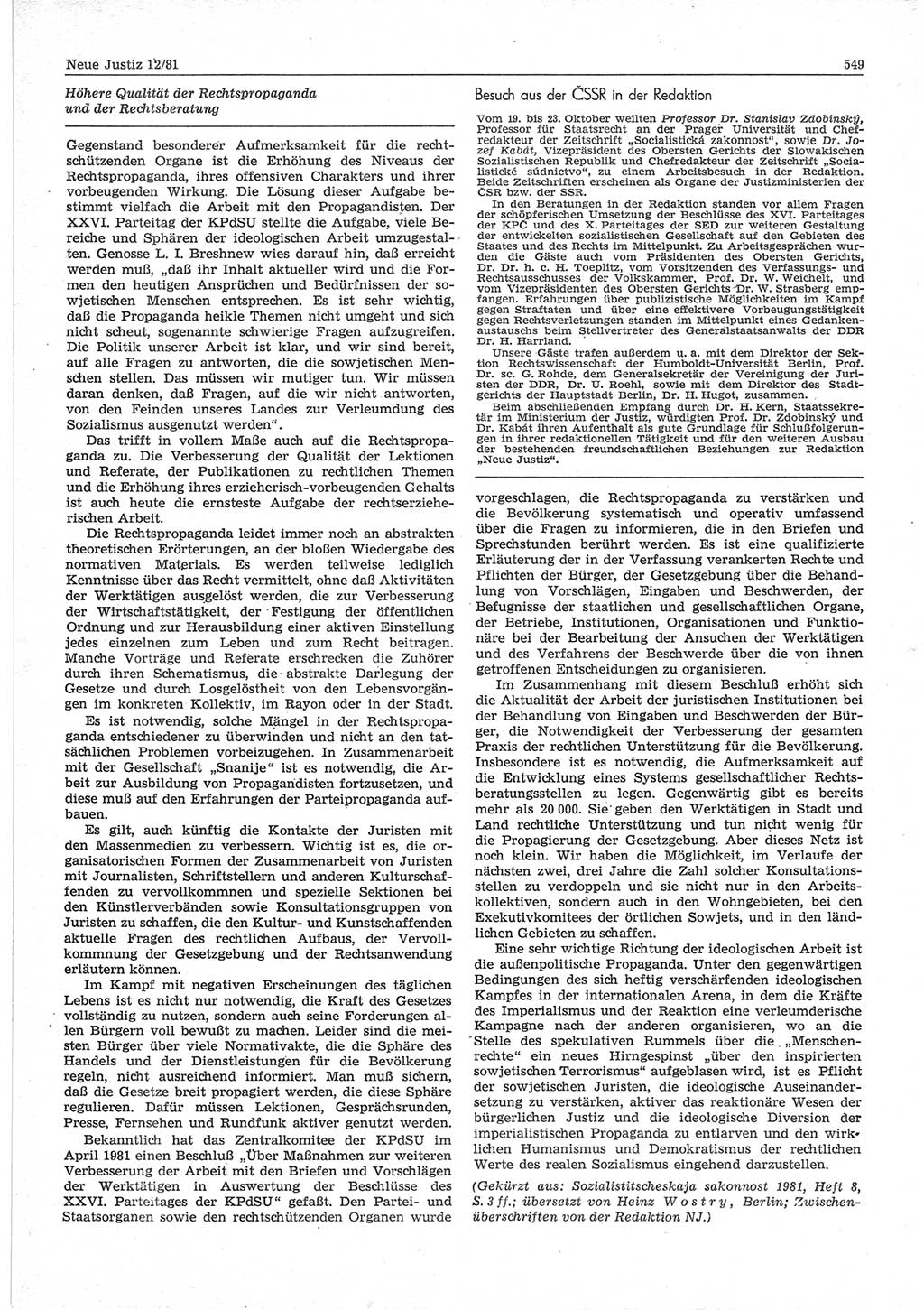 Neue Justiz (NJ), Zeitschrift für sozialistisches Recht und Gesetzlichkeit [Deutsche Demokratische Republik (DDR)], 35. Jahrgang 1981, Seite 549 (NJ DDR 1981, S. 549)