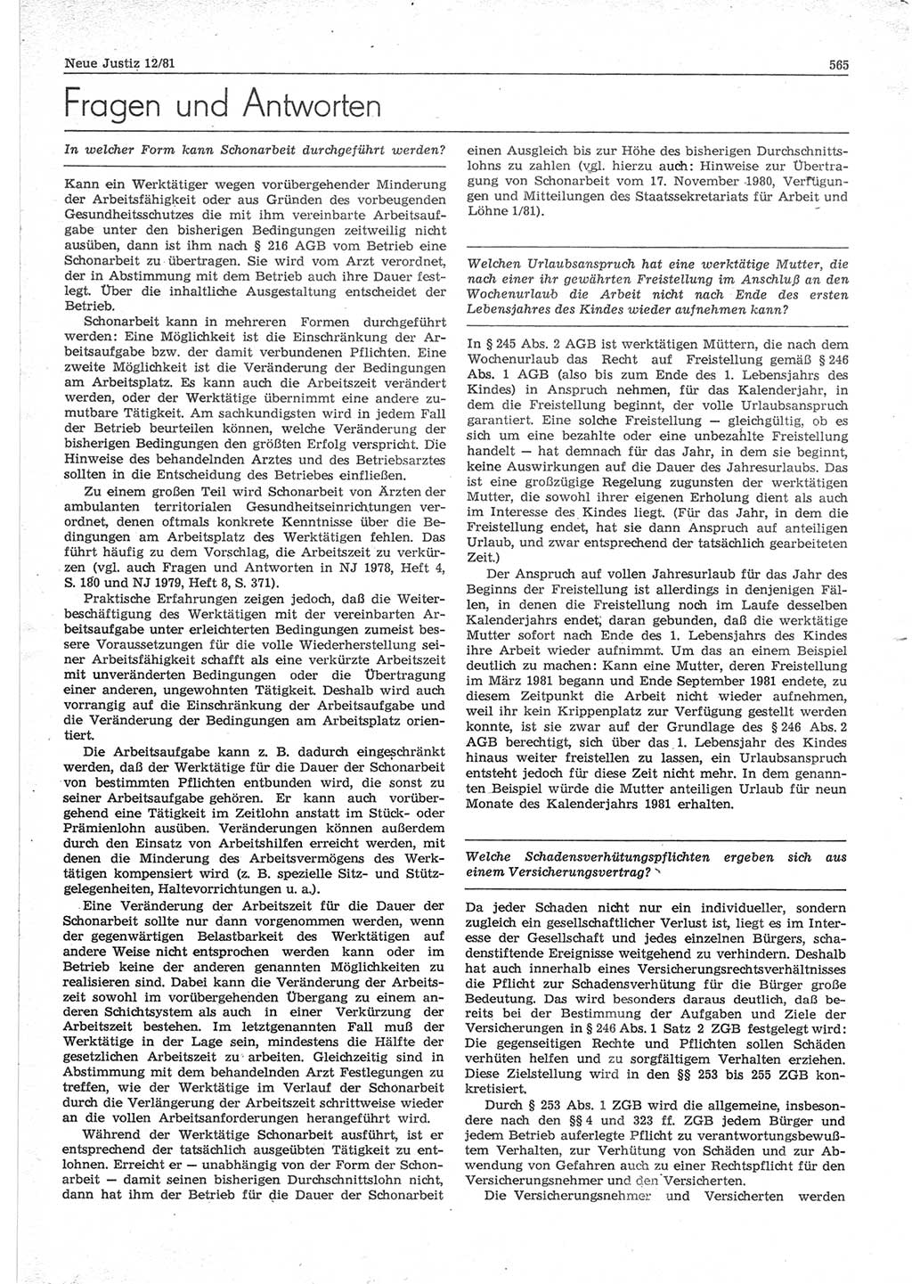 Neue Justiz (NJ), Zeitschrift für sozialistisches Recht und Gesetzlichkeit [Deutsche Demokratische Republik (DDR)], 35. Jahrgang 1981, Seite 565 (NJ DDR 1981, S. 565)