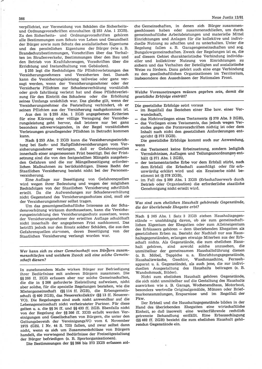 Neue Justiz (NJ), Zeitschrift für sozialistisches Recht und Gesetzlichkeit [Deutsche Demokratische Republik (DDR)], 35. Jahrgang 1981, Seite 566 (NJ DDR 1981, S. 566)