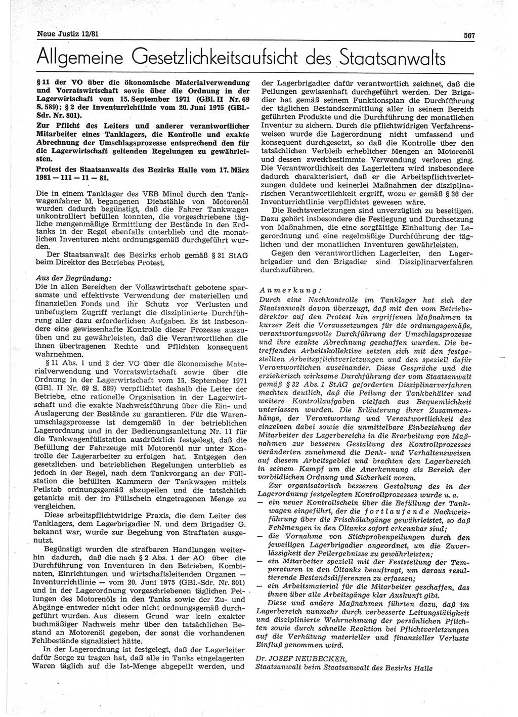Neue Justiz (NJ), Zeitschrift für sozialistisches Recht und Gesetzlichkeit [Deutsche Demokratische Republik (DDR)], 35. Jahrgang 1981, Seite 567 (NJ DDR 1981, S. 567)