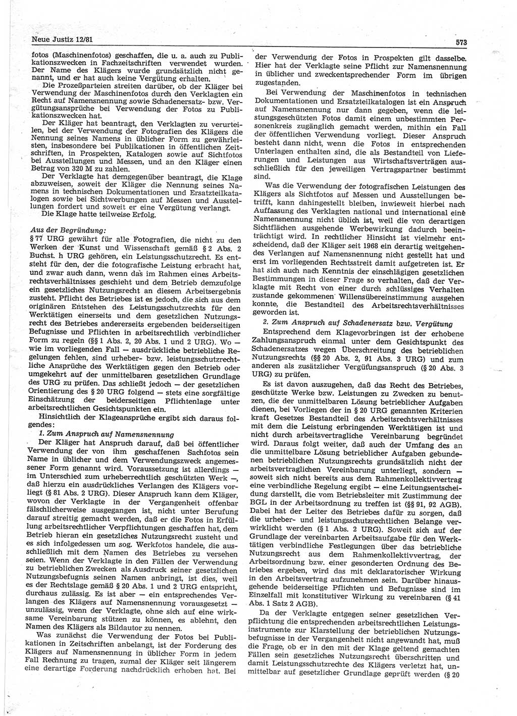 Neue Justiz (NJ), Zeitschrift für sozialistisches Recht und Gesetzlichkeit [Deutsche Demokratische Republik (DDR)], 35. Jahrgang 1981, Seite 573 (NJ DDR 1981, S. 573)