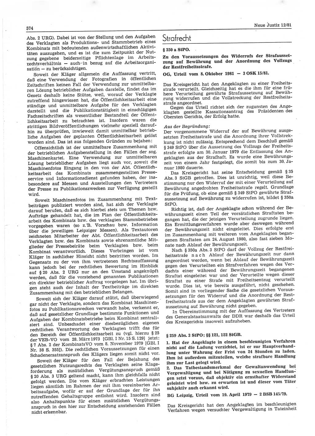 Neue Justiz (NJ), Zeitschrift für sozialistisches Recht und Gesetzlichkeit [Deutsche Demokratische Republik (DDR)], 35. Jahrgang 1981, Seite 574 (NJ DDR 1981, S. 574)