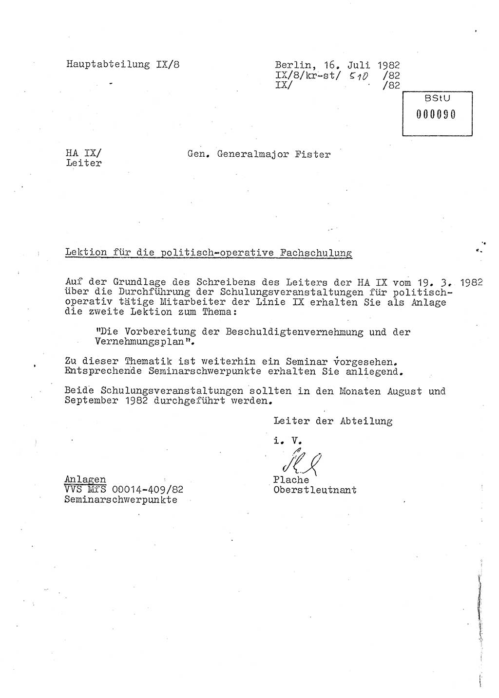 Anschreiben Lektion Ministerium für Staatssicherheit (MfS) [Deutsche Demokratische Republik (DDR)], Hauptabteilung (HA) Ⅸ, Vertrauliche Verschlußsache (VVS) o014-409/82, Berlin 1982, Seite 1 (Anschr. Lekt. MfS DDR HA Ⅸ VVS o014-409/82 1982, S. 1)