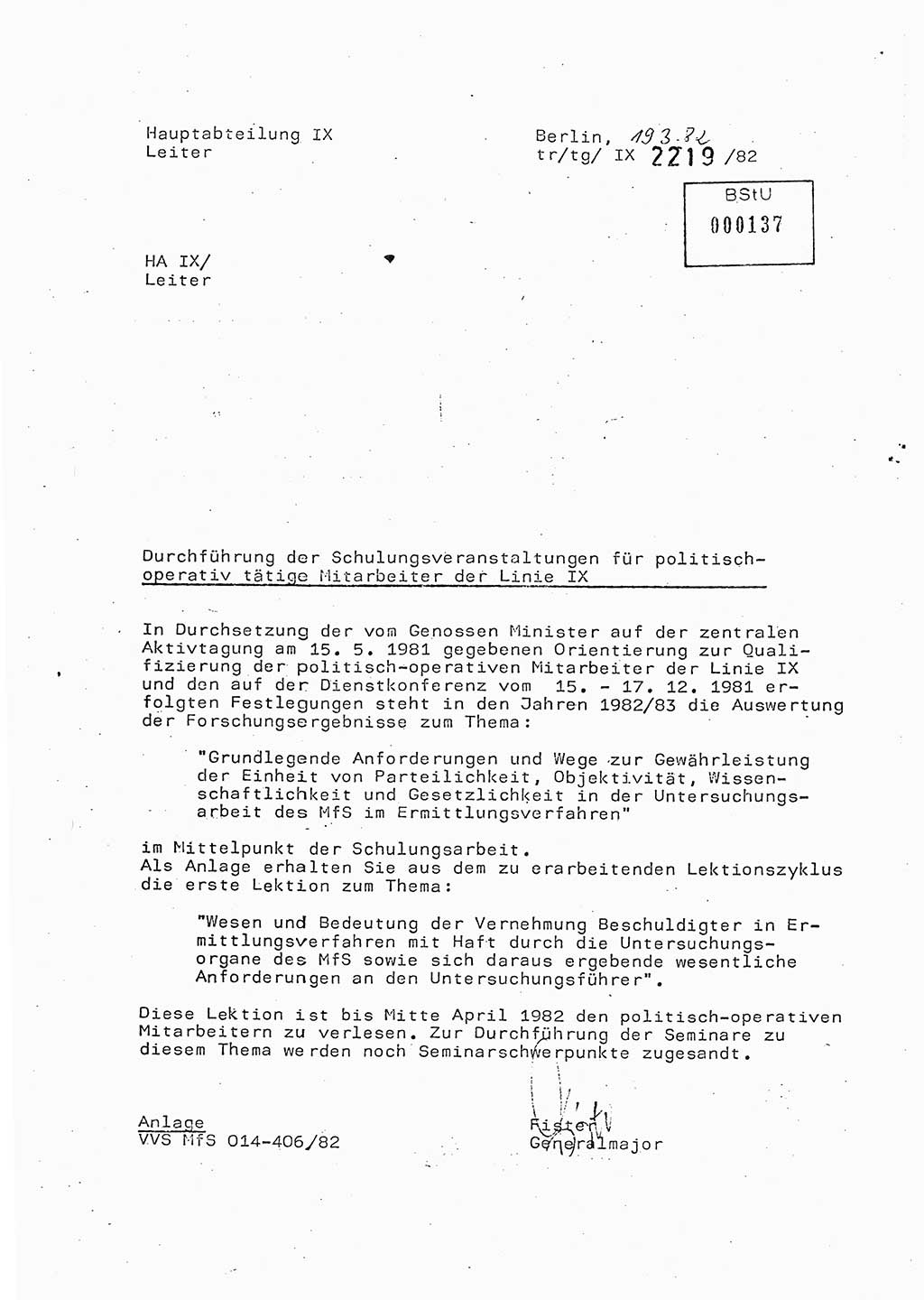 Anschreiben Lektion Ministerium für Staatssicherheit (MfS) [Deutsche Demokratische Republik (DDR)], Hauptabteilung (HA) Ⅸ, Vertrauliche Verschlußsache (VVS) o014-406/82, Berlin 1982, Seite 1 (Anschr. Lekt. MfS DDR HA Ⅸ VVS o014-406/82 1982, S. 1)