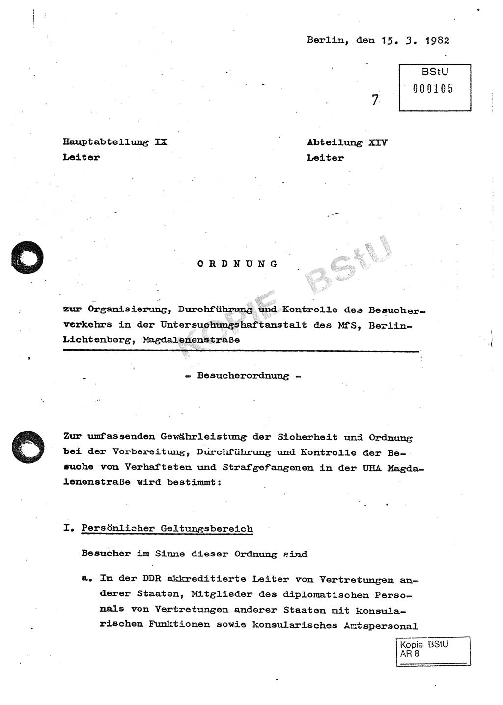 Ordnung zur Oranisierung, Durchführung und Kontrolle des Besucherverkehrs in der Untersuchungshaftanstalt des MfS, Berlin-Lichtenberg, Magdalenenstraße - Besucherordnung - [Ministerium für Staatssicherheit (MfS), Deutsche Demokratische Republik (DDR)] Hauptabteilung (HA) Ⅸ, Abteilung (Abt.) ⅩⅣ, Berlin 1982, Seite 1 (Bes.-Ordn. MfS DDR HA Ⅸ Abt. ⅩⅣ /82 1982, S. 1)