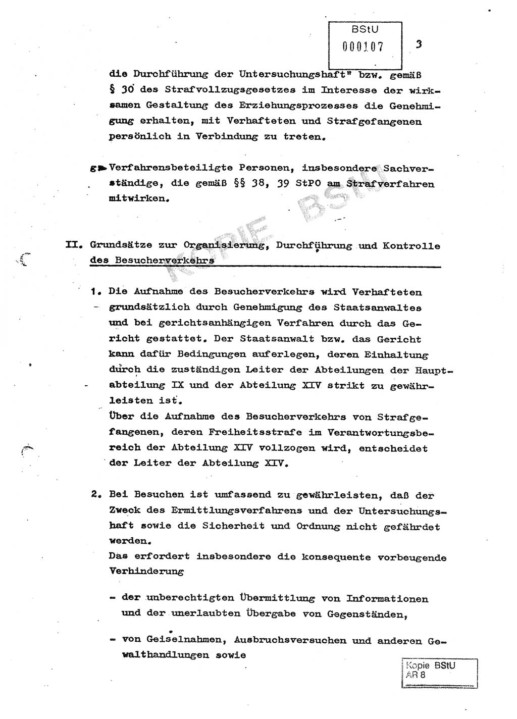 Ordnung zur Oranisierung, Durchführung und Kontrolle des Besucherverkehrs in der Untersuchungshaftanstalt des MfS, Berlin-Lichtenberg, Magdalenenstraße - Besucherordnung - [Ministerium für Staatssicherheit (MfS), Deutsche Demokratische Republik (DDR)] Hauptabteilung (HA) Ⅸ, Abteilung (Abt.) ⅩⅣ, Berlin 1982, Seite 3 (Bes.-Ordn. MfS DDR HA Ⅸ Abt. ⅩⅣ /82 1982, S. 3)