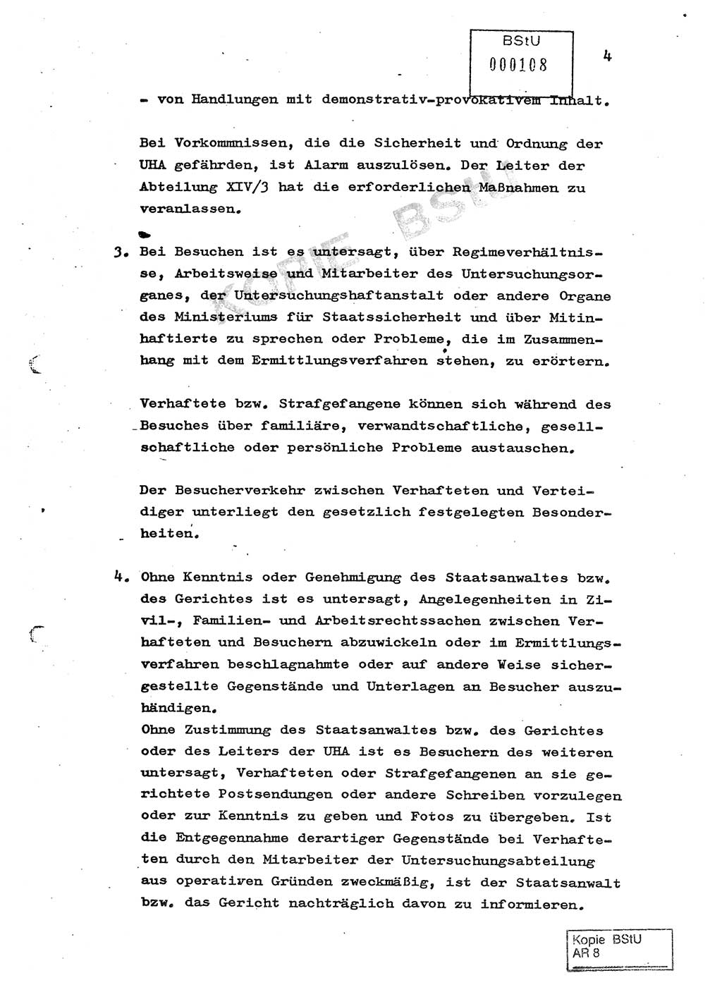 Ordnung zur Oranisierung, Durchführung und Kontrolle des Besucherverkehrs in der Untersuchungshaftanstalt des MfS, Berlin-Lichtenberg, Magdalenenstraße - Besucherordnung - [Ministerium für Staatssicherheit (MfS), Deutsche Demokratische Republik (DDR)] Hauptabteilung (HA) Ⅸ, Abteilung (Abt.) ⅩⅣ, Berlin 1982, Seite 4 (Bes.-Ordn. MfS DDR HA Ⅸ Abt. ⅩⅣ /82 1982, S. 4)