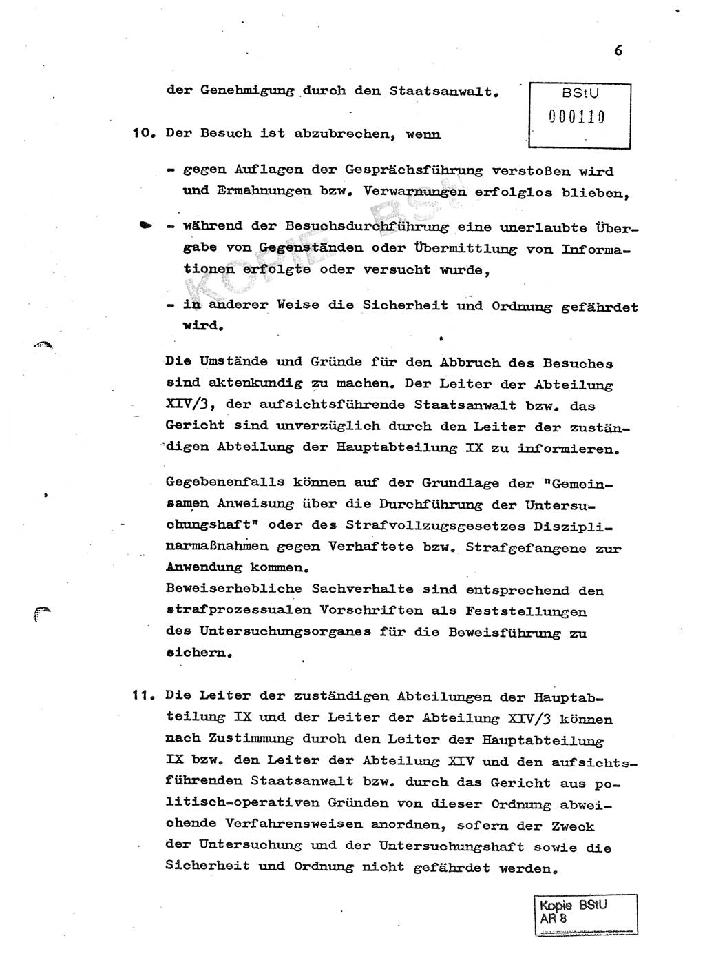 Ordnung zur Oranisierung, Durchführung und Kontrolle des Besucherverkehrs in der Untersuchungshaftanstalt des MfS, Berlin-Lichtenberg, Magdalenenstraße - Besucherordnung - [Ministerium für Staatssicherheit (MfS), Deutsche Demokratische Republik (DDR)] Hauptabteilung (HA) Ⅸ, Abteilung (Abt.) ⅩⅣ, Berlin 1982, Seite 6 (Bes.-Ordn. MfS DDR HA Ⅸ Abt. ⅩⅣ /82 1982, S. 6)