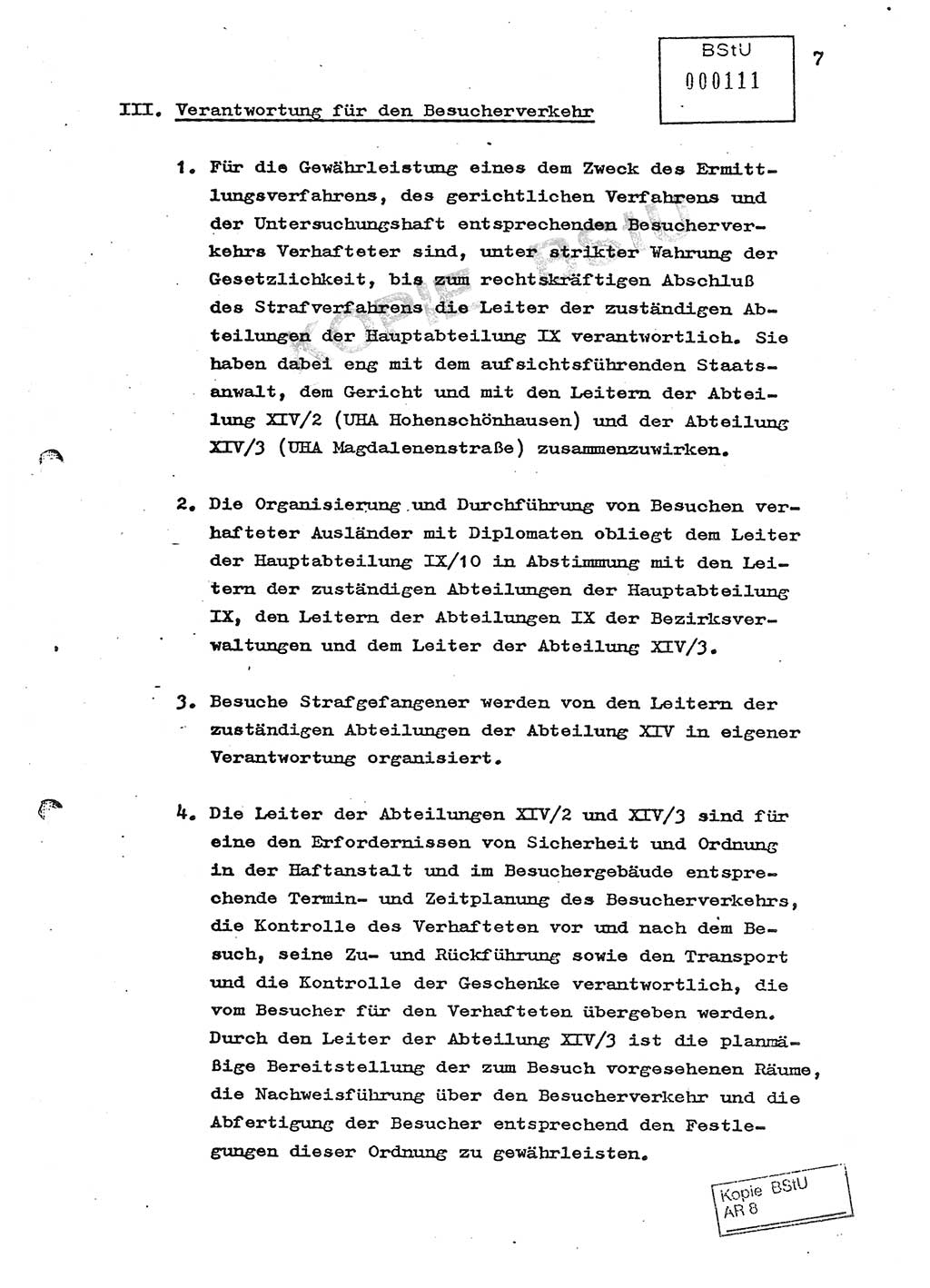 Ordnung zur Oranisierung, Durchführung und Kontrolle des Besucherverkehrs in der Untersuchungshaftanstalt des MfS, Berlin-Lichtenberg, Magdalenenstraße - Besucherordnung - [Ministerium für Staatssicherheit (MfS), Deutsche Demokratische Republik (DDR)] Hauptabteilung (HA) Ⅸ, Abteilung (Abt.) ⅩⅣ, Berlin 1982, Seite 7 (Bes.-Ordn. MfS DDR HA Ⅸ Abt. ⅩⅣ /82 1982, S. 7)