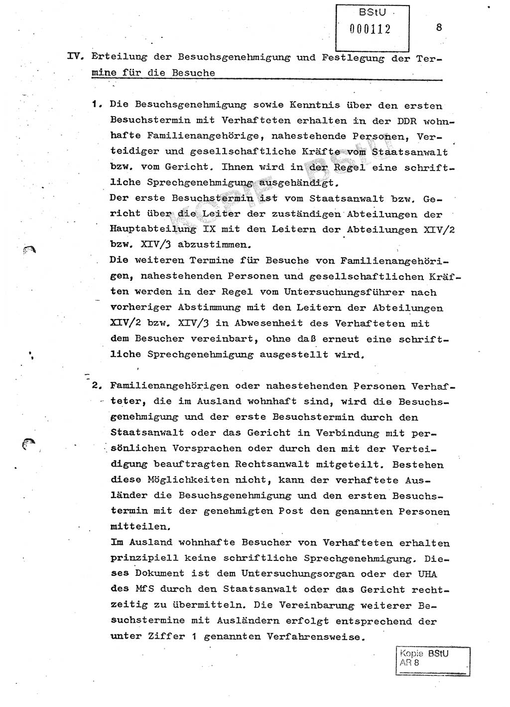 Ordnung zur Oranisierung, Durchführung und Kontrolle des Besucherverkehrs in der Untersuchungshaftanstalt des MfS, Berlin-Lichtenberg, Magdalenenstraße - Besucherordnung - [Ministerium für Staatssicherheit (MfS), Deutsche Demokratische Republik (DDR)] Hauptabteilung (HA) Ⅸ, Abteilung (Abt.) ⅩⅣ, Berlin 1982, Seite 8 (Bes.-Ordn. MfS DDR HA Ⅸ Abt. ⅩⅣ /82 1982, S. 8)