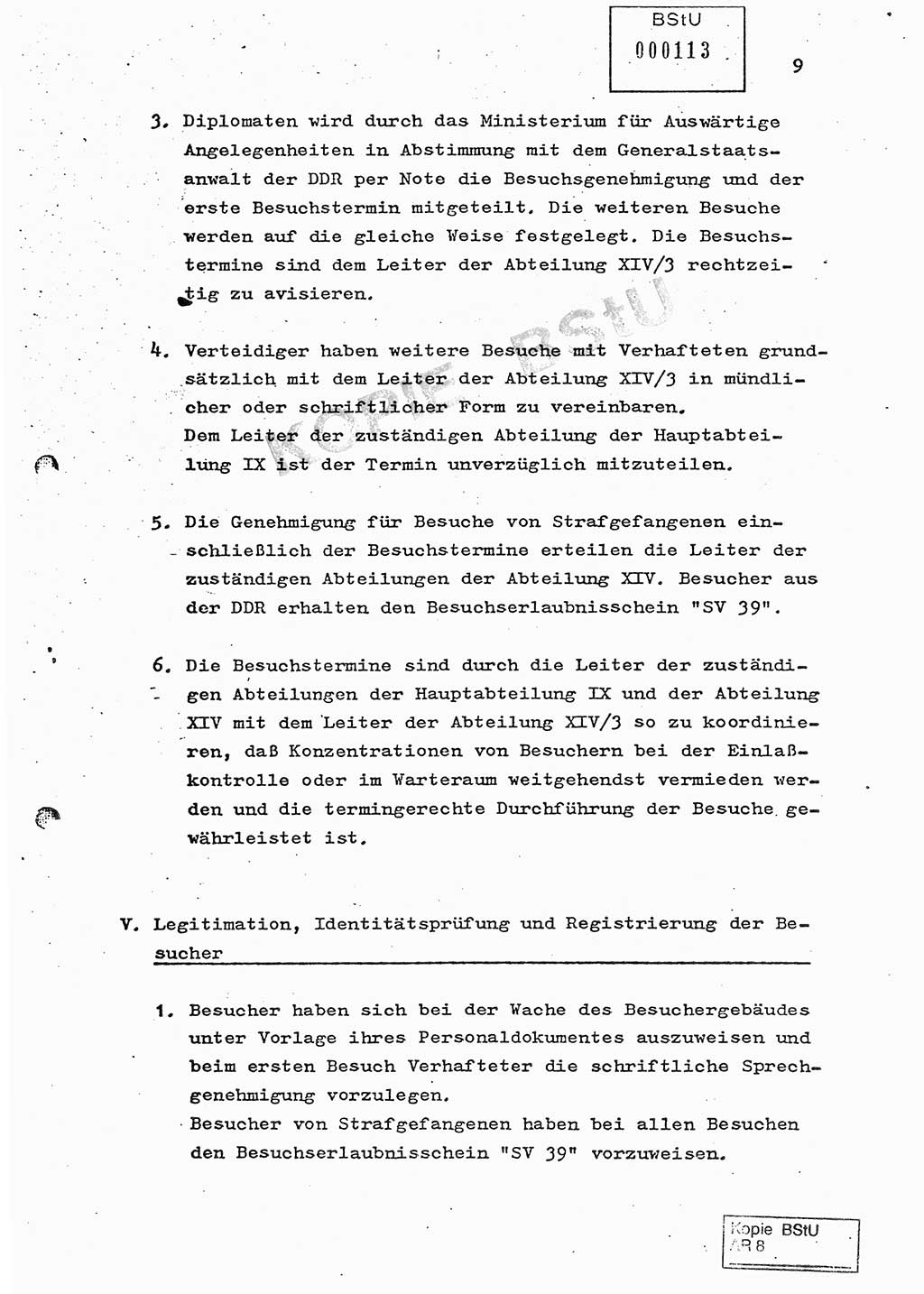 Ordnung zur Oranisierung, Durchführung und Kontrolle des Besucherverkehrs in der Untersuchungshaftanstalt des MfS, Berlin-Lichtenberg, Magdalenenstraße - Besucherordnung - [Ministerium für Staatssicherheit (MfS), Deutsche Demokratische Republik (DDR)] Hauptabteilung (HA) Ⅸ, Abteilung (Abt.) ⅩⅣ, Berlin 1982, Seite 9 (Bes.-Ordn. MfS DDR HA Ⅸ Abt. ⅩⅣ /82 1982, S. 9)